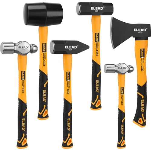 ELEAD 6-Piece Mallet Hammer Set, Fiberglass Handle Forge Steel Head, 32oz Rubber Mallet & Ball Peen Hammers, 16oz Ball Peen Hammer, 3LB Sledge & Cross Peen Hammers, 600g Wood Split Axe