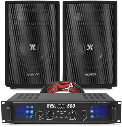 VONYX 8-inch Passive PA Speaker Kit with Skytec DJ Amplifier, Complete DJ Sound System with 1.5m RCA-3.5mm Audio Lead & 10m Speaker Cable, Ideal for Live Events, DJs, Parties, and Venues