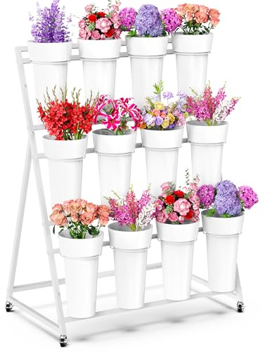 Asee'm Flower Display Stand with Buckets, 3 Layer Metal Flower Bar Stand, Heavy Duty Flowers Cart Display with Wheels Moving Plant Bouquet Shelf for Indoor Outdoor Patio Decor Terrace Wedding White
