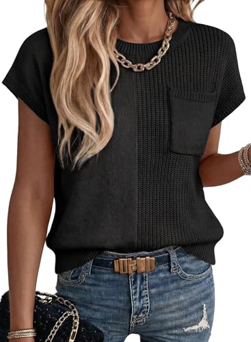 Dokotoo Womens Summer Tops Short Sleeve Oversized Asymmetrical Sweaters Solid Color Elegant Dressy Casual Crewneck Lightweight Knit T Shirts Vacation Outfits Fashion Trendy Cute Blouses,Black Large
