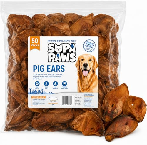 Supa Paws 50 Pack Large Pig Ears for Dogs, 100% Natural Air Dried Pork Ears, High Protein Aids Muscle and Tissue Repair Dog Treat, Grain Free Chew Dog Snacks Perfect Alternate of Beef Ears
