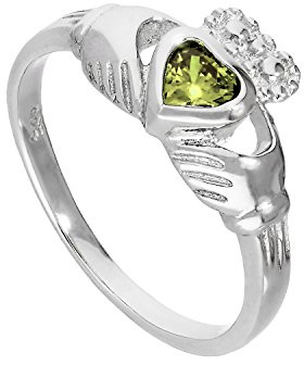 Sterling Silver & Peridot CZ Crystal August Birthstone Claddagh Ring Sizes I - U