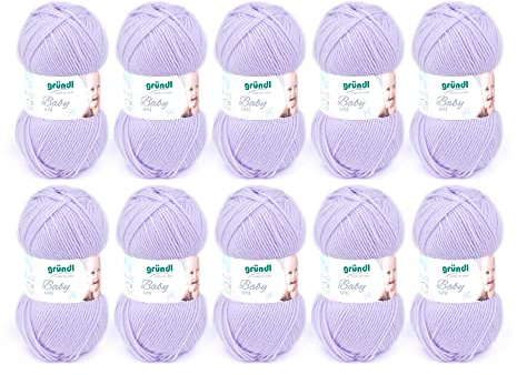 Gründl Baby uni filato per maglia/filato per uncinetto (resistente e pratico da lavare, 70% poliacrilico e 30% poliammide, 50 g / 150 m, spessore del ferro/dell’ago: 3,5-4,5, 10 x 50 g), Lilla