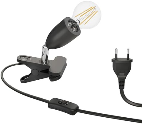 ledscom.de E27 klämlampa LIK, svart inkl. E27 LED-lampa 963lm varmvitt, 3-stegs ljusreglering utan dimmer med strömbrytare