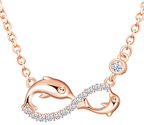 INFINIONLY Collier pendentif pour femme fille, ensembles de bijoux en argent 925, pendentif symbole de l'infini et dauphin mignon, zircon incrusté, or rose, Cadeau de Noël et d'anniversaire