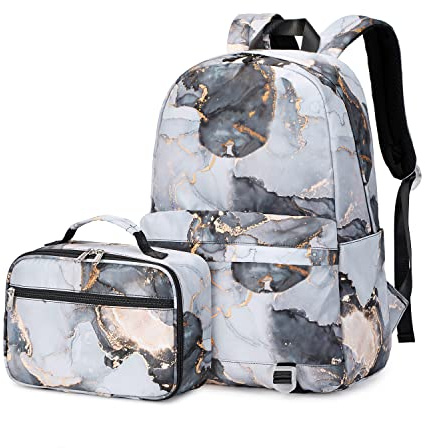 WUUDWALK Girls School Bag Kids' Backpacks Fashion Backpack Teens Bookbag Set,Tie Dye printed marble pattern backpack with Lunch Bag (Printed marbling of Black)