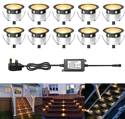 Luz LED de cubierta blanca cálida impermeable para cubierta de zócalo de luz de cubierta, 10 paquetes de Ø30 mm 0.6 W de luz de jardín enterrada para iluminación de terrazas, luces de baño, saunas
