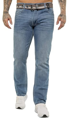 989Zé ENZO Jeans med normal passform, raka ben med 5 fickor, inkluderar gratis bälte, blå, svart, grå, Storbritannien, Ljusblått, 38W x 32L