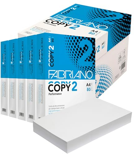 Carta A4 per Stampante Copy 2, Fabriano 5 Risme da 500 Fogli - 2500 Totali, Carta da 80gr Per Ufficio, Fotocopie, Multiuso