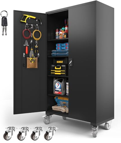 Fohufo Upgraded Wide Metal Storage Cabinet - 72 Inch Black Lockable Garage Cabinet with Wheels & 4 Adjustable Shelves | Heavy-Duty Steel Cabinet for Garage, Office, Pantry, Gym