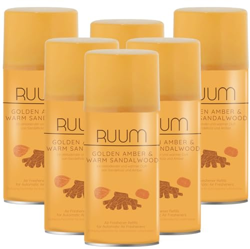 RUUM Lufterfrischer Nachfüller 6er Pack Golden Amber&Warm Sandalwood - Duft Nachfüller kompatibel mit Air Wick Freshmatic, Glade Brise - 6x 250 ml Duftspray für Geruchsneutralisierung & Frische