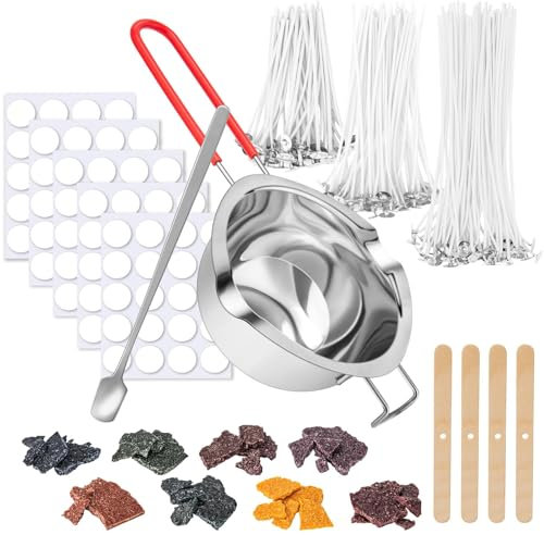 HUDDU DIY Kerzenherstellung Kit, Kerzen Selber Machen Set, Edelstahl Schmelztopf und 150Dochte für Kerzen, Kerzen Aufkleber 8Kerzenfarben 4holz kerzendocht halter, Kerzen Gießen Set für Kerzenanfänger