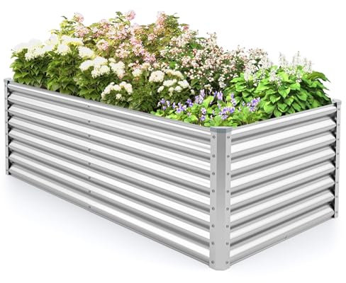 GOPLUS Jardinieres Exterieur Surélevé en Métal Robuste, Carre Potager Haut pour Plante avec Plaque Ondulé et Fond Ouvert pour Extérieur, Jardinière pour Légume, Fleur, Herbe, 180 x 95 x 60 CM (Argent)