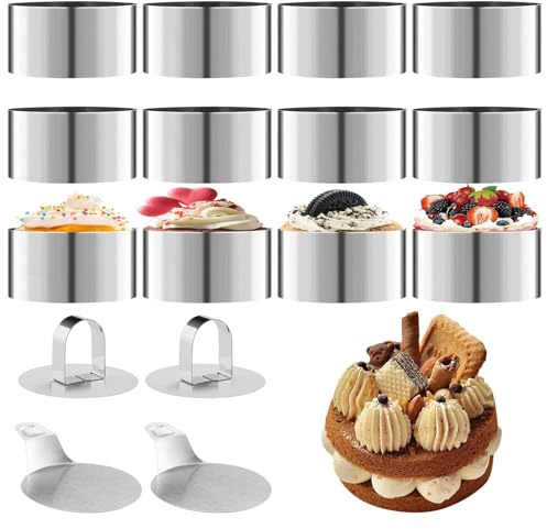 16 Stück Dessertringe und Speiseringe - Ø 8 cm Runder Edelstahl Speiseringe mit Deckel und Sockel Mousse-Ring Servierringe Dessertringe Kochringe für Dessert Kuchen Kleine Tortenringe Dessert Formen