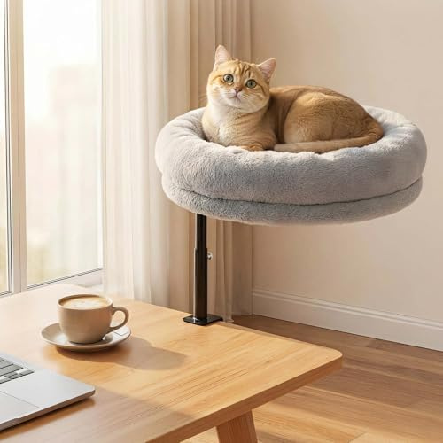 GUUSII HOME Kattbädd 360° roterbar och höjdjusterbar upphöjd kattungehängmatta sittpinne skrivbordsklämma kattbo 43 cm diameter för innekatter upp till 18 kg maskintvättbar (Grå)
