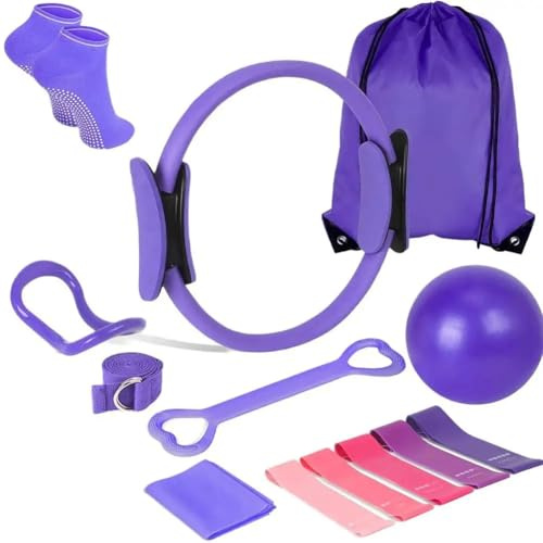 14-delat pilates-set med Magic Circle, yogaboll och motståndsband – komplett hemmagym för kvinnor, nybörjare och avancerade – perfekt för pilates, yoga, stretchövningar (lila)