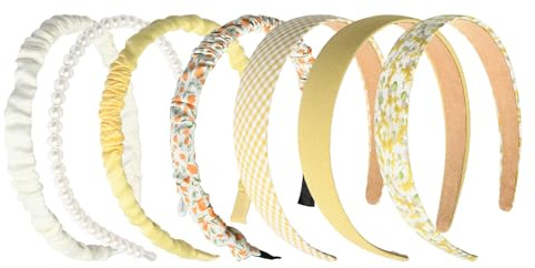 Set da 7 Pezzi Cerchietto Capelli Donna, Versatile Cerchietti Bambina Fresco Ed Elegante, Cerchietti per Capelli Donna Perlato Scozzese Floreale Tinta Unita per Tutte Le Stagioni (A Giallo, 1)