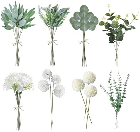 GEXINKEJI 55 konstgjorda blommor och grenar vita konstgjorda blommor och realistiska gröna konstgjorda blombuketter, perfekt för att göra brudbuketter och bröllop