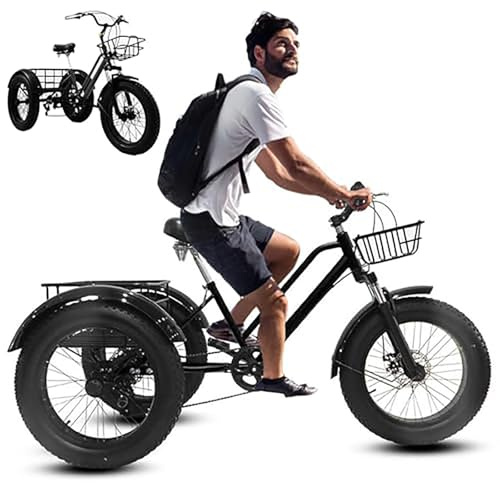 7-Växlad Trehjuling Med Fat Tires, 20″ Trehjulig Cruisercykel, 200 Kg Lastkapacitet, Fat Tire-Design - God Stabilitet, För Daglig Cykling, Shopping, Lastbärande Black