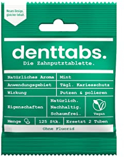 Denttabs Zahnputztabletten Minzgeschmack 125 Stk. die vollwertige Alternative zur Zahnpasta, fluoridfrei - VEGAN Plastikfrei ohne Konservierungsstoffe. Im Orginal denttabs kompostierbaren Beutel