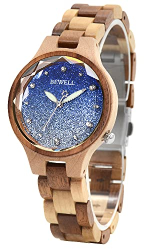 BEWELL Holzuhren für Damen Star Dust Dail Minimalistisches Quarzwerk Luxus-Armbanduhr aus Holz (Blaues Zifferblatt)