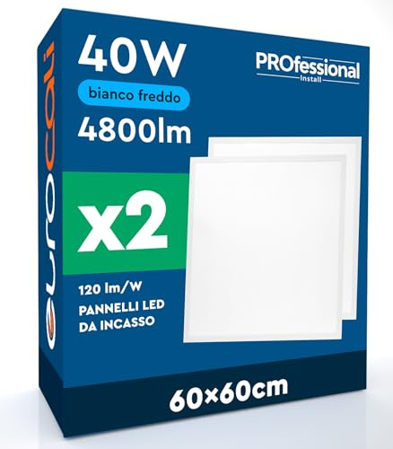 2 Pannelli LED 60x60 40W Quadrati da Incasso 4800 Lumen - Luce Fredda 6500K - Plafoniera da Ufficio Alta Luminosità 120 lm/W Lampada da Soffitto per Controsoffitti Modulari