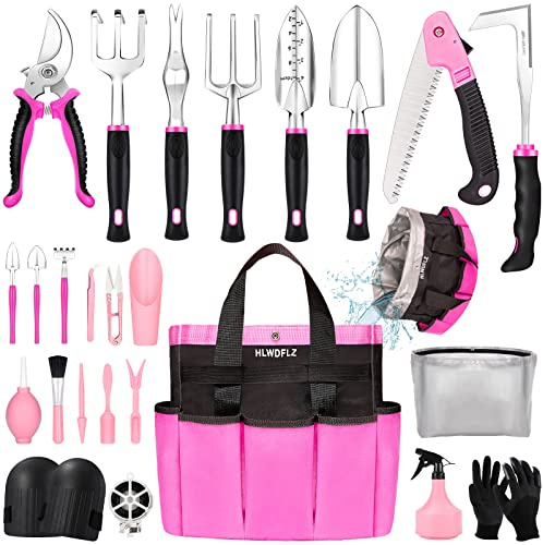 HLWDFLZ Pink Garden Tool Set Gardening Items for Women - 24PCS Heavy Duty Garden Tools with Detachable Storage Bag, Succulent Tool Set, Weeder