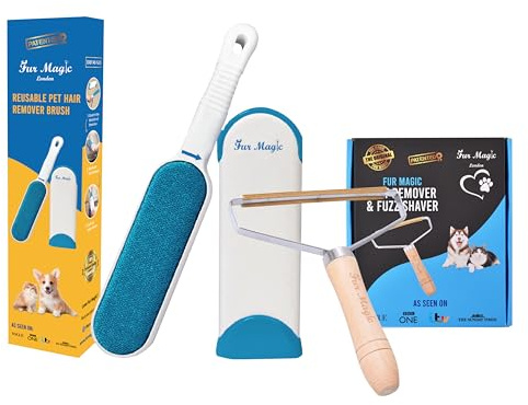 Fur Magic Pet Hair Remover Lint Brush With Self-Cleaning Base + Lint Remover and Fuzz Shaver, Reusable Lint Roller for Your Carpet, Fabric & Clothes, Easy to Clean