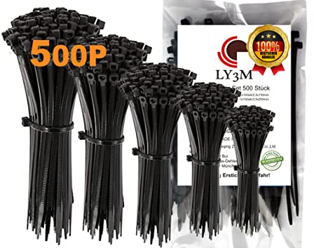 500 Stück Kabelbinder Set Schwarz aus Nylon, Premium Qualität, Größe 100/150/200/250/300mm, UV Beständig,Industrieller Nylon Kabelbinder Set für Garten, Wohnen, Werkstatt, Kabelbinder Sortiment