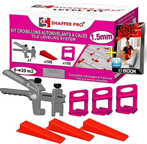 Croisillons carrelage autonivelant 1,5 mm | 150 clips + 100 cales réutilisables +1 Pince | système nivellement à cales | Kit niveleur carrelage|aide à la pose de carreaux pour Sols/murs |SHAFFER PRO