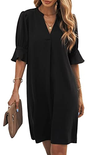 Famulily Womens Casual Ruffled Sleeve Shift Above Knee Dress Ladies Pleated Tunic Dresses Black M