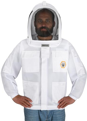 Bee Jacket Mesh Ventilation for Professional Beekeeper's Total Protection - Light Weight - YKK Zipper with Carring Bag 2 Veil Options (Fencing & Round) BP-401 (White - S)