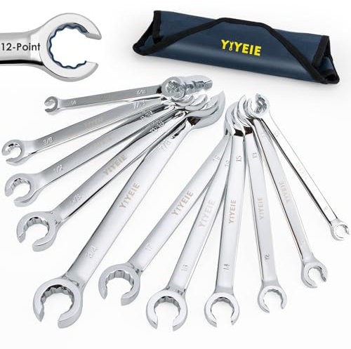 YIYEIE 12-Point Flare Nut Wrench Set Metric & SAE, 8mm-19mm & 1/4-7/8, 11PCS Offset Line Wrench Set for Brake, Fuel and Tubing, CR-V Steel, Double Open End with Organizer Pouch for Removing Nuts