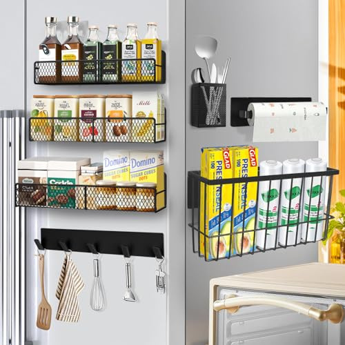 Magnetic Spice Rack for Refrigerator, 7 Pack 100% Metal Strong Magnet Shelf, Spice Organizer W/ Paper Towel Holder, Hook Rack, Utensil Caddy & Cutting Board Holder, Home Kitchen Organization,Black