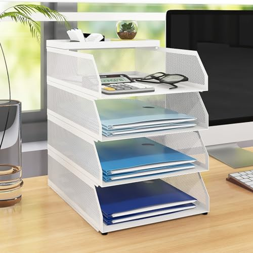 PUNCIA Vassoio per Lettere in Metallo a 4 Livelli Organizer da Scrivania per Ufficio Supporto da Scrivania per Accessori per Lettere di Carta 25x32x31,5CM per l'Ufficio Domestico e Scolastico(Bianco)
