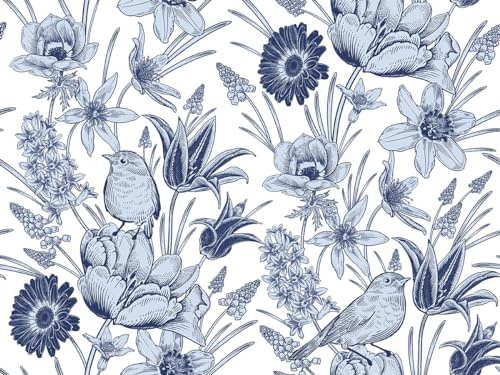 GLOW4U Peel and Stick Blue Birds Flower Wallpaper Vintage Birds Floral Contact Paper for Walls Bedroom Kitchen Bathroom Cabinets Shelves Dresser Drawer Liner Furniture Decal 17.7X117 Inches