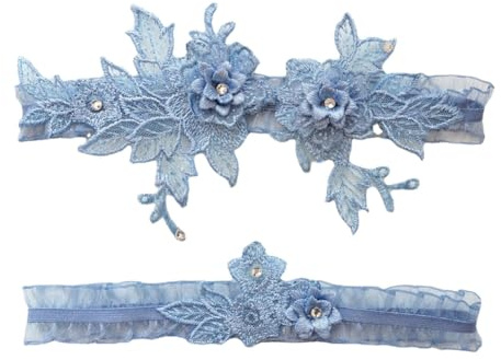 Hrlace 2 stycken strumpband set bröllop brudstrumpeband broderi spets blommor strumpband sexig stretchig lårband lårring för kvinnor flickor brud bröllop tillbehör blå en storlek