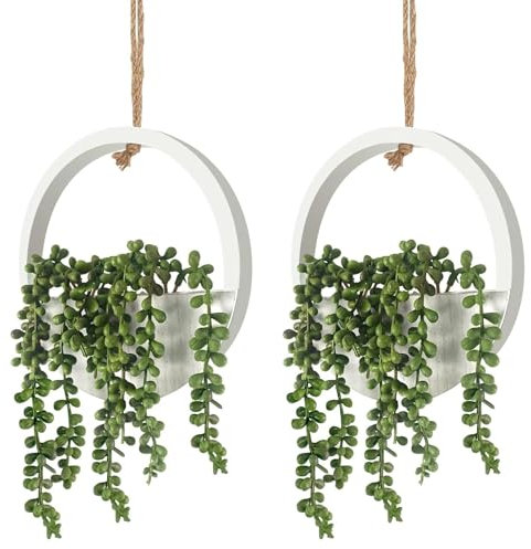 Funvalley Surperfect Hanging Plant Artificial Succulents,2pcs Faux String of Pearls Plants in Pot with 8.3Inch Lanyard for Indoor Outdoor Wall Decor