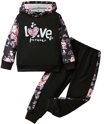 L SERVER Survêtement Fille Imprimés Ensembles Enfant Jogging à Capuche 2 Pièces Vêtements de Sport pour Printemps et Automne, Rose, 5-6 ans