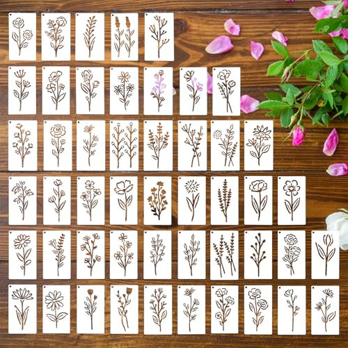cobee 50 Stück Blumen Schablonen Set, 9 x 5 cm Wiederverwendbare Zeichenschablone Kleine Schablonen zum Malen Blätter Wildblumen Schablone für DIY Scrapbook Deko Vorlage Fotoalbum Textilgestaltung