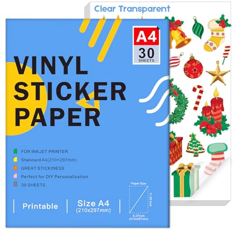 Ruibytree Papier Autocollant en Vinyle Transparent Imprimable, Format A4(297 x 210 mm), 30 Feuilles, pour Imprimante à Jet d’Encre, Compatible Cricut et Silhouette, Séchage Rapide, Couleurs Vives