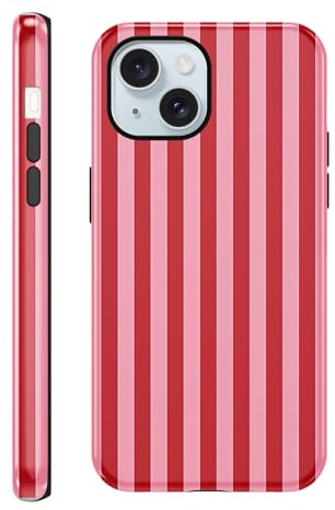 Coalbooliy Coques pour iPhone 15 6,1'' Striped Motif, 2 in 1 Étui Aesthetic été Filles Femmes Rouge Print Design Case Silicone Housse Antichoc Bumper Protection Cover, 06
