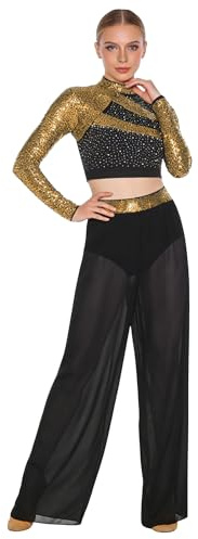 inhzoy Vestito da Ballo Lirico Contemporaneo Donna Completo da Ginnastica Ritmica con Strass Paillettes Crop Top Danza Classica Moderna + Pantaloni Lunghi Dancewear Oro M