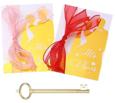 YOKIVE Wedding Day Vow Card Set, (7.87 x 5.51-Inch, Red/Pink), Vow Card with Key Shape Pen for Her & Him Ribbon Version B, Gold Foil, Great Gift for Bride Groom Bridal Wedding