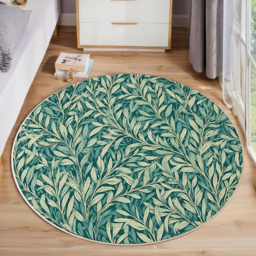 Illustrazioni piante Rami salice Tappeto Rotondo Blu-verde Tappeti 120cm Antiscivolo Lavabile in Lavatrice Tondo Tapette Salotto Camera da Letto Soggiorno Scendiletto Ufficio Pelo Corto Rotondi Carpet