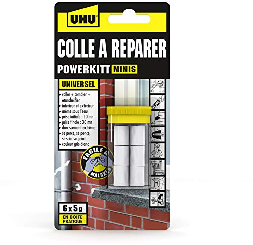 UHU Colle à réparer Powerkitt mini - Pâte époxy pétrissable 2 composants ultra rapide et solide pour coller, combler, étanchéifier, réparer, intérieur et extérieur, Gris, 6 x 5g