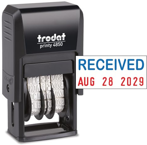 Trodat Printy 4850 Date Stamp – Pocket Sized Self-Inking Stamp with Received Message – Blue and Red Ink, 3/4 x 1