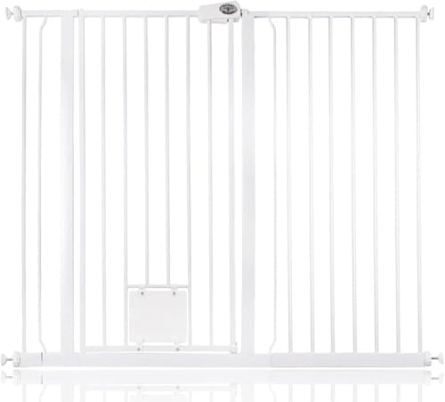 Bettacare Haustiergitter mit Verriegelbarer Katzenklappe, 126.7cm - 134.3cm, Weiß, 104cm in der Höhe, Extra Hohes Haustier Sicherheitsgitter mit Katzenklappe, Einfache Installation