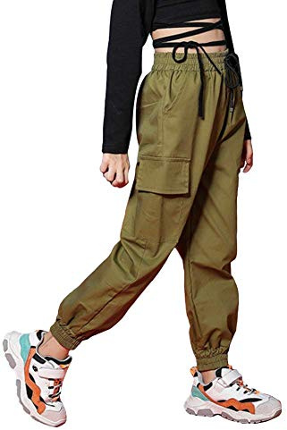 Rolanko Pantaloni Cargo per Bambini,Pantaloni da Jogging per Ragazzo e Ragazza Street Hip Hop Dance(Army Green,11-12 anni/160)