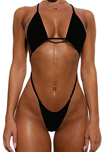 YIMISAN Women's Sexy One Piece Sling Bikini High Cut Cheeky Swimsuit Thong Bathing Suits Black